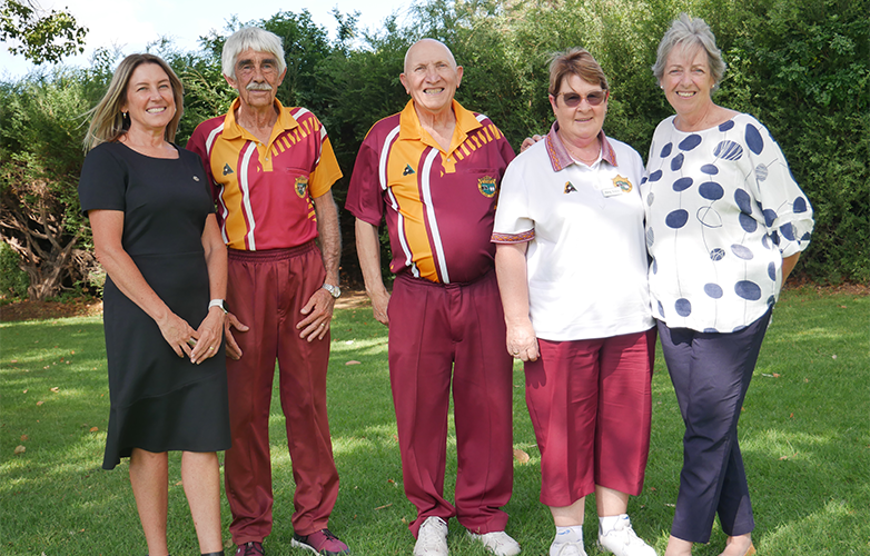 Brunswick Districts Bowling Club's Maurice Rodgers, Ross Princi and Marg Exton with Shire CEO Annie Riordan and Shire Deputy President Cr Michelle Campbell