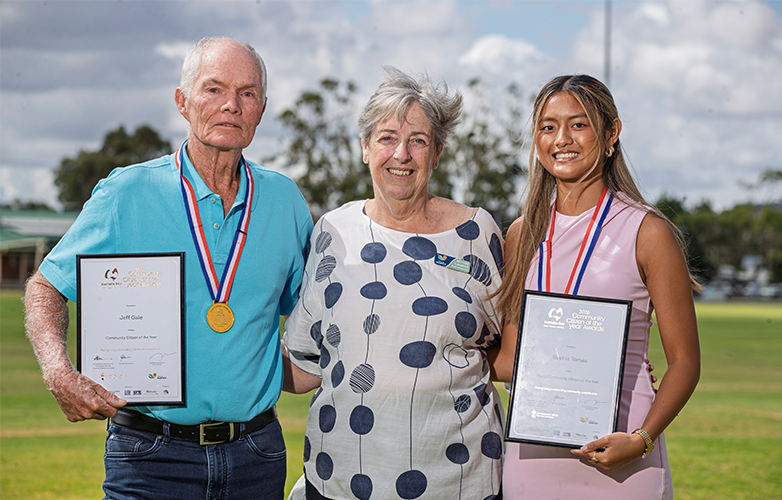 Shire President Michelle Campbell with Community Citizen of the Year Jeff Gale and Young Citizen of the Year Sophia Tomas,