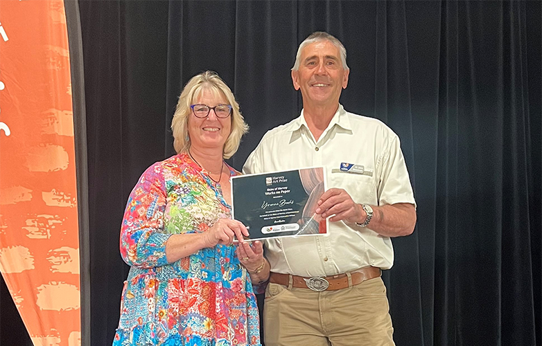 Works on Paper award recipient Yvonne Brooks with Cr John Bromham