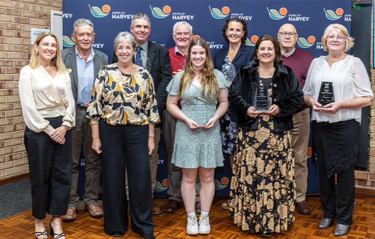 Award winners 2024 with Shire leadership (L-R) Back row: Robert Newby, Mark Talbot, Robert William George, Heidi Bibby, Paul Fonck. Front row: CEO Annie Riordan, Shire President Michelle Campbell, Annie O'Connor, Trish Welsh (on behalf of Peter Monagle), Tania Jackson.