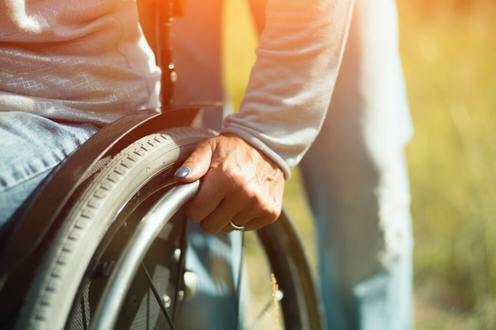 A close up image of a wheelchair