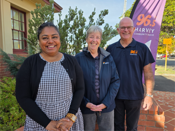 Volunteer South West Manager Shamara Williams, Shire President Michelle Campbell and Hravey Community Radio Chairperson David Marshall