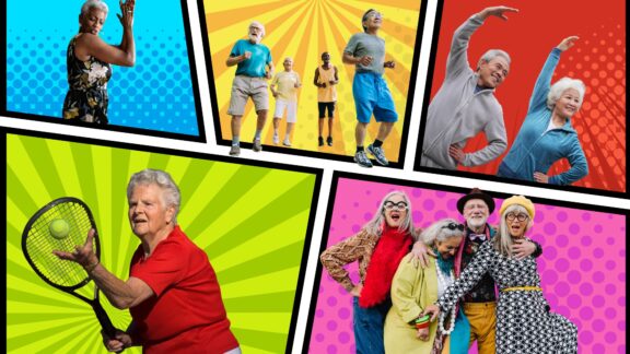 An image showing five groups of seniors having fun by participating in tennis, dancing, yoga, walking and hanging out having fun.