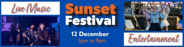 Banner reads "Sunset Festival 12 December, 5pm to 9pm. Images show three band members of Sophian relaxing under the words "Live music," and a dance troupe striking a pose under the word "Entertainment."